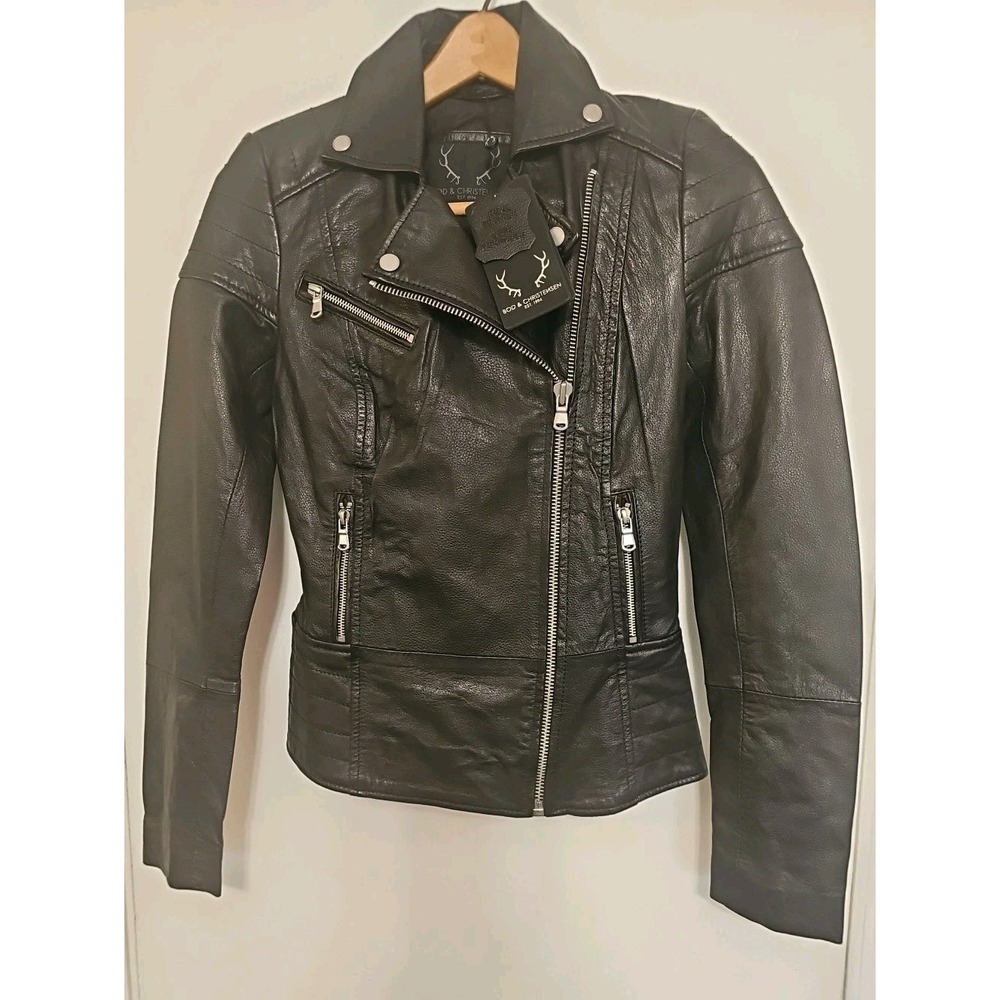 NEW W/tags BOD & CHRISTENSEN 100% REAL LEATHER BLACK BIKER JACKET SIZE XS